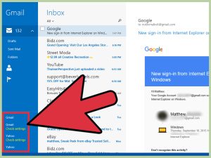 A red arrow points to the 'Check settings' button in the left-hand menu of a Gmail account, with the search query 'Apps connected to email account' as the alt text.