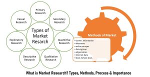 A depiction of the different types and methods of market research, which can be used to conduct digital marketing market research.