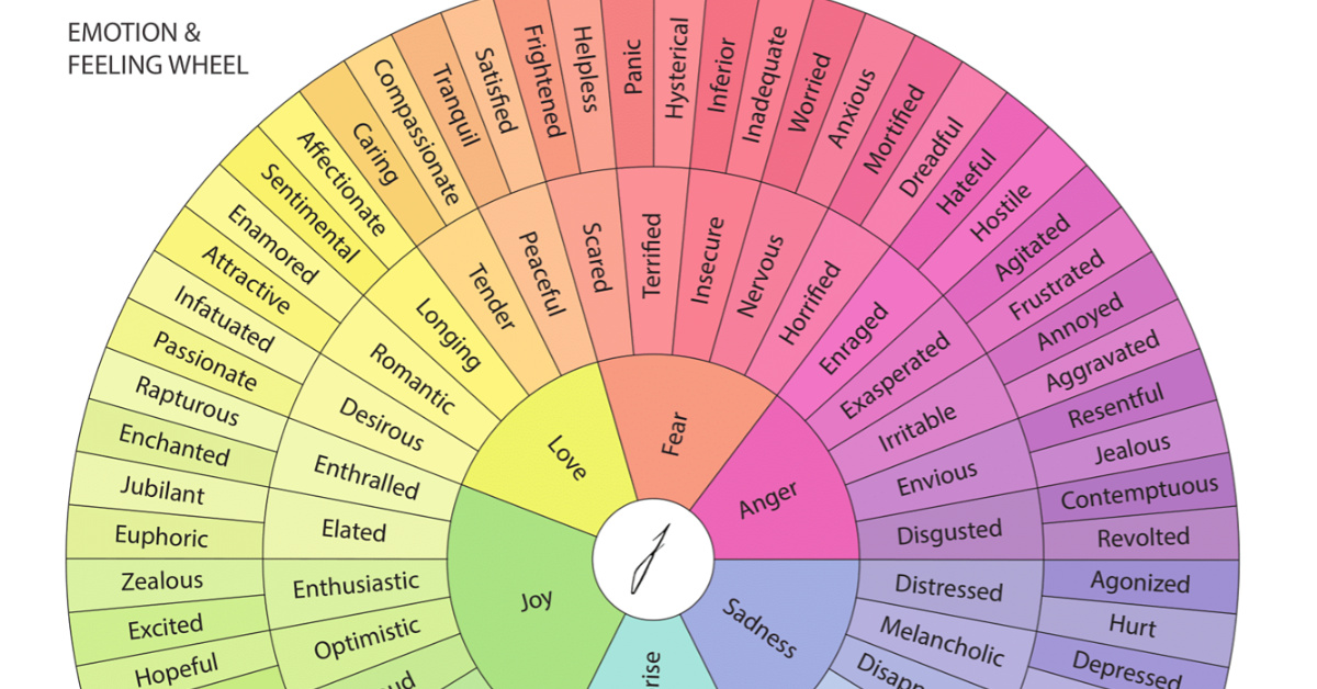 A circular diagram of emotions and feelings, with eight primary emotions arranged around a central point and secondary emotions arranged in a circle around them.