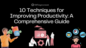The image shows a black background with the text "10 Techniques for Improving Productivity: A Comprehensive Guide" in white. There are also several icons, including a person holding a megaphone, a person using a laptop, a person holding a clipboard, and a person with a clock. The image represents the search query 'Techniques for improving productivity when working from home'.